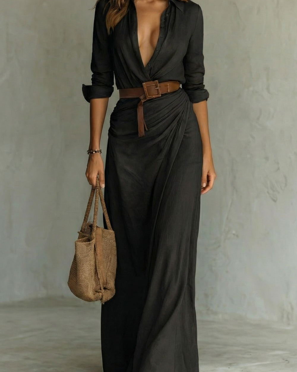 Azura Belted Button-Down Wrap Maxi Dress