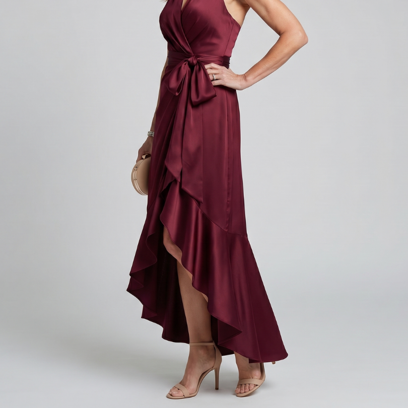 Honora | Halter Neck Wrap Asymmetric Hem Midi Dress