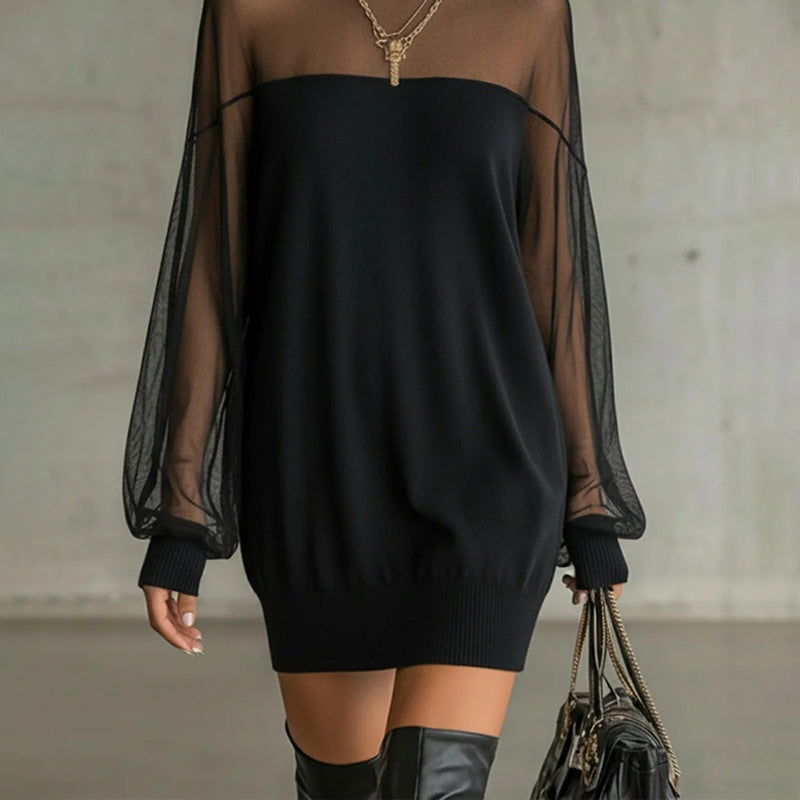 Chic Solid-Color Patchwork Dress with Lantern Sleeves