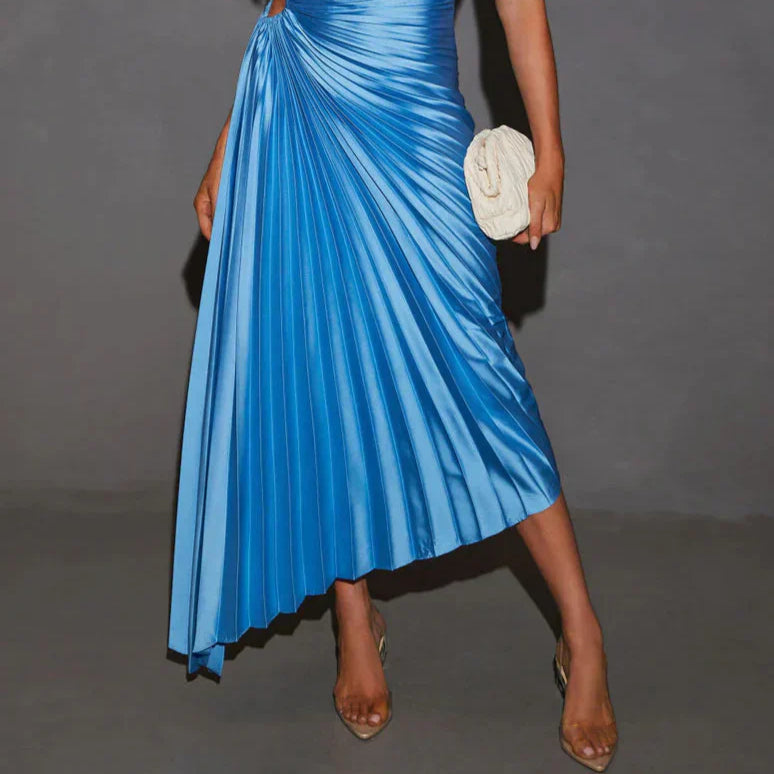Women's Elegant Glam Pleated One-Shoulder Asymmetrical Maxi Dress