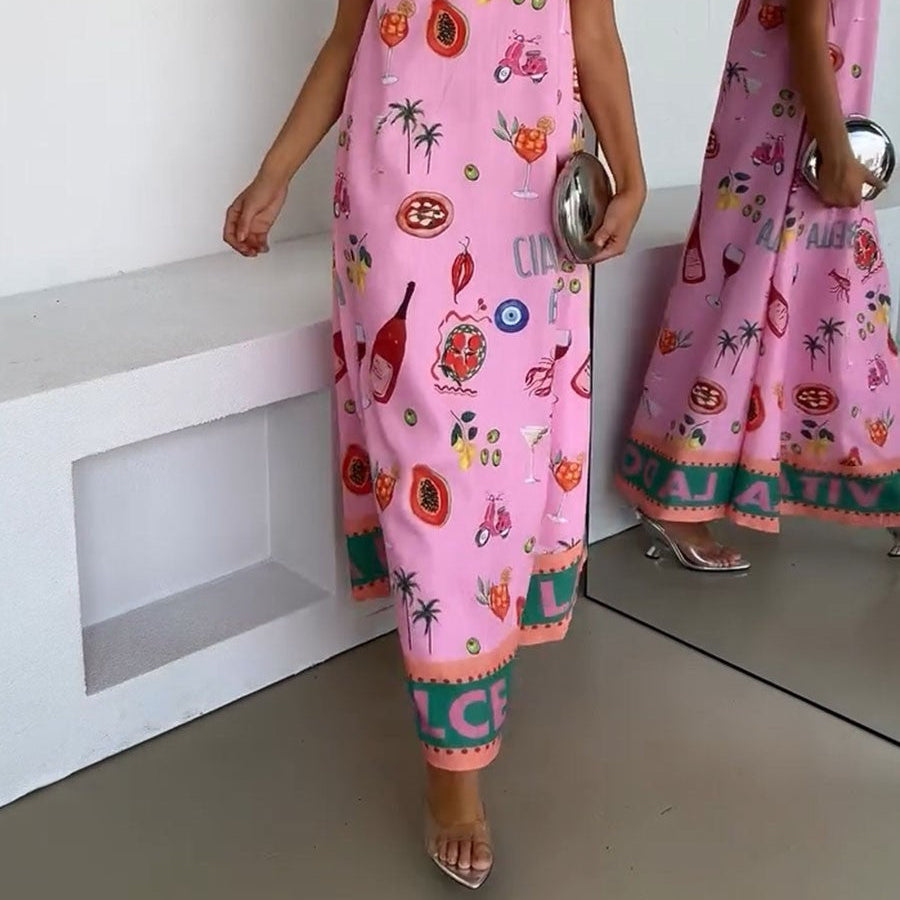 Women's Pink Tube Summer Dress with Vacation Print for a Casual and