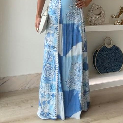 Women's Elegant Ric Rac Straps Bow Back Printed Maxi Cami Dress with