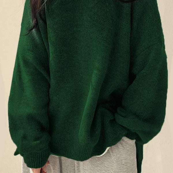 Women's Cozy Drop-Shoulder Split-Hem Round-Neck Knit Sweater