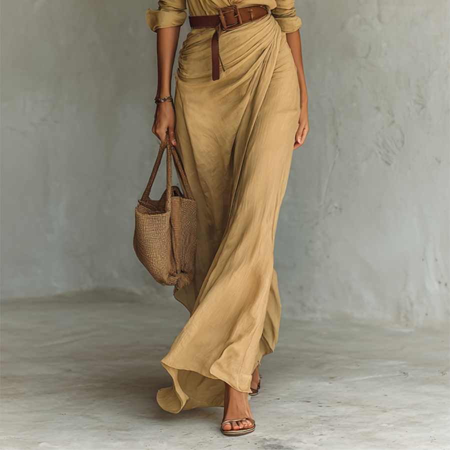 Long Maxi Dress with Notched Collar and Long Sleeves for Women