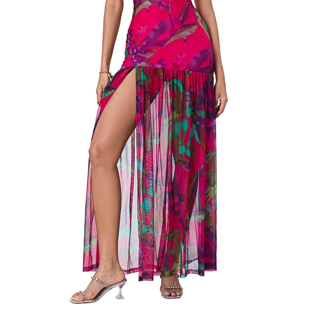 Women's Maxi Flared Strapless Dress with Slit Skirts for an Elegant