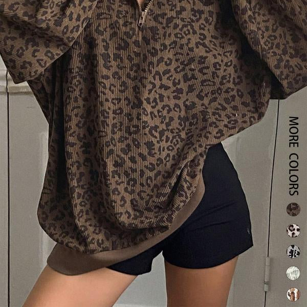 Cozy Leopard Print Zip-Up Sweatshirt for Fall - Effortless Style