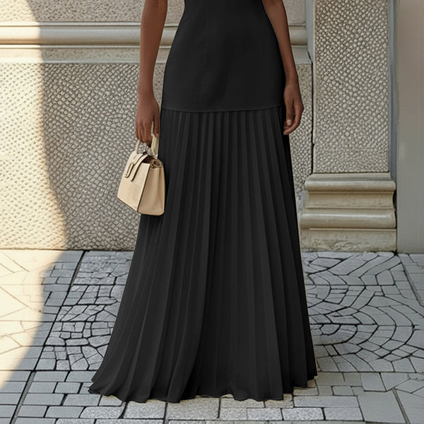 Women’s Sleeveless Pleated Maxi Dress – Elegant Boat Neck Flowing Evening Dress