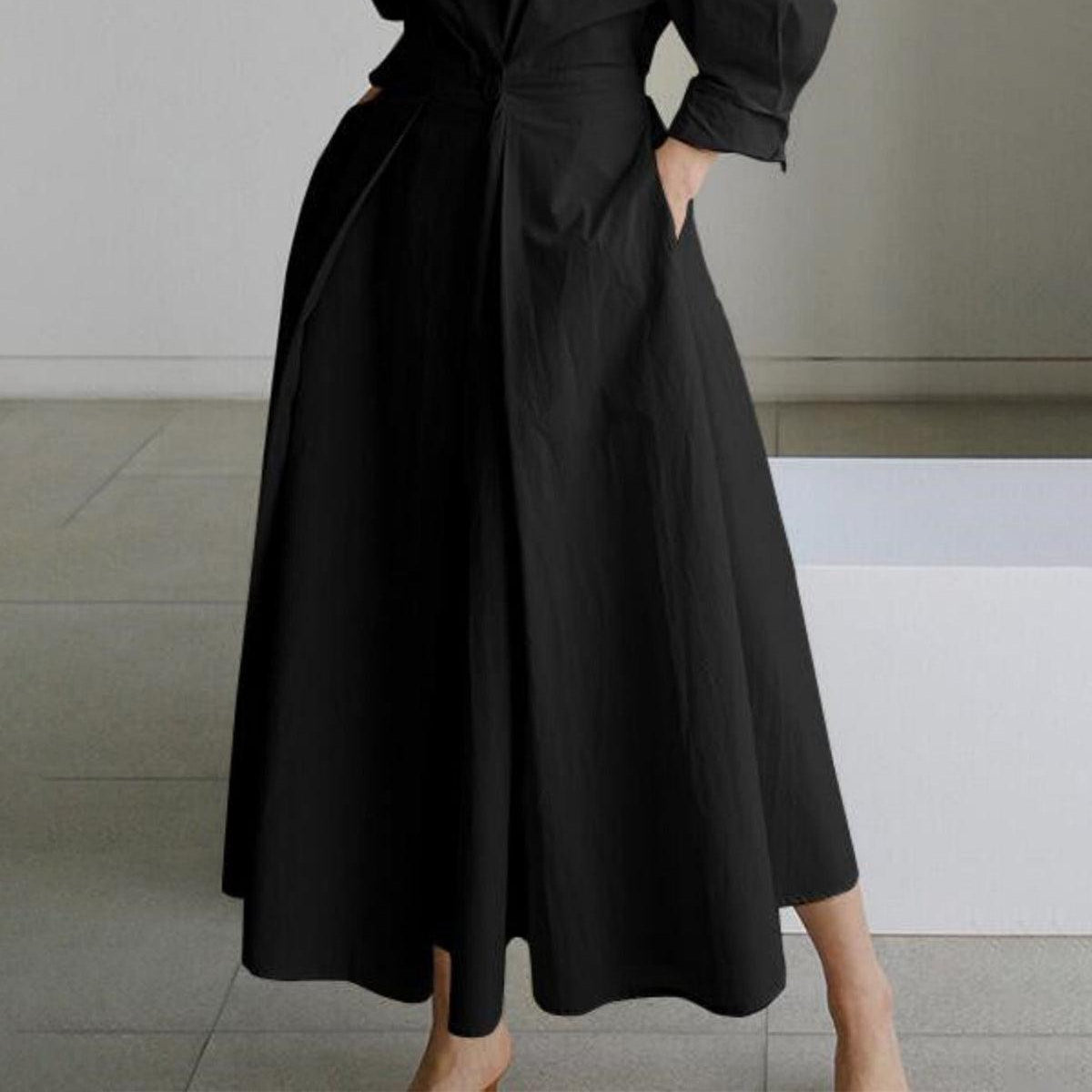 Elegant Solid Midi Dress with Notched Collar and Pockets Buttons