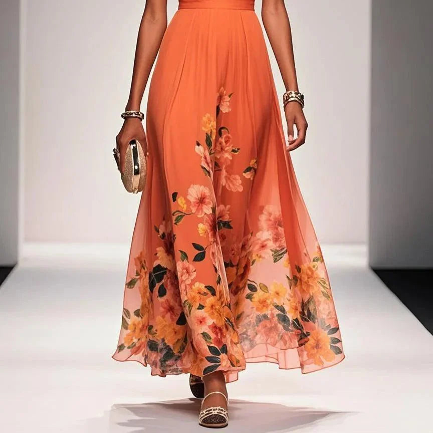 Elegant Light Blue Floral Chiffon V-Neck Sleeveless A-Line Maxi Dress