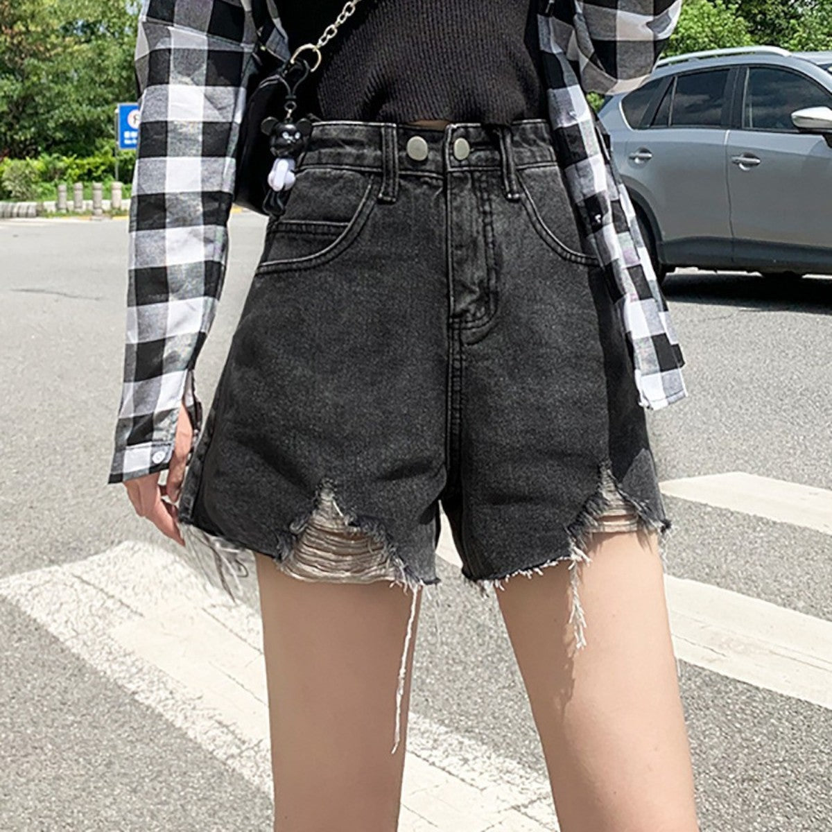 Women's Distressed Denim Mini Skirt - Edgy Frayed Hem, Classic Wash