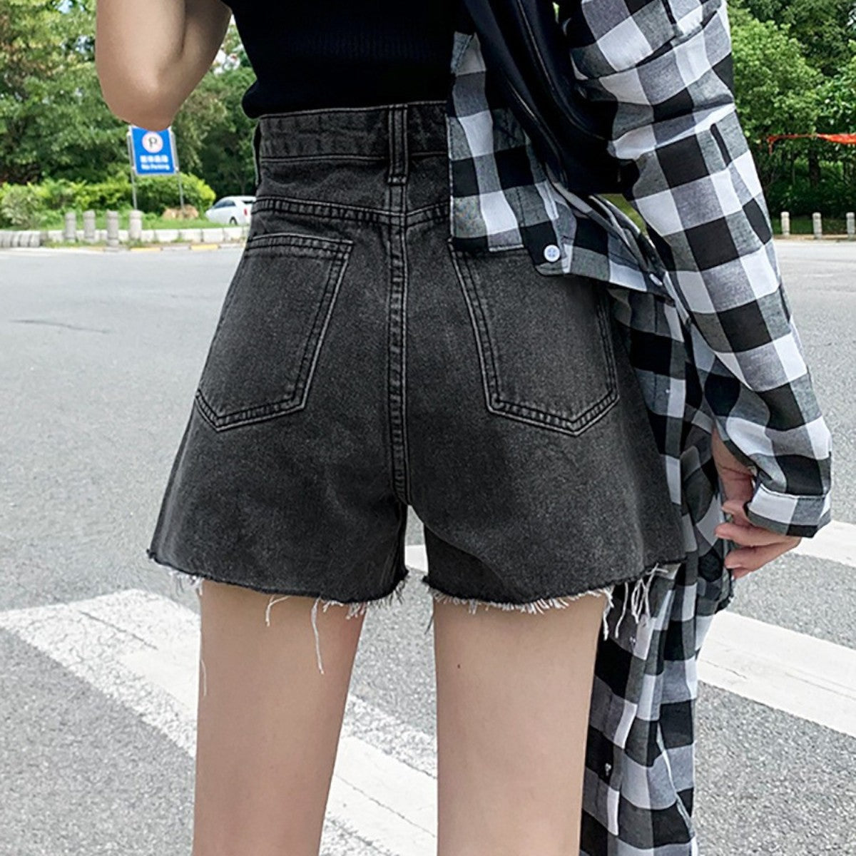 Women's Distressed Denim Mini Skirt - Edgy Frayed Hem, Classic Wash