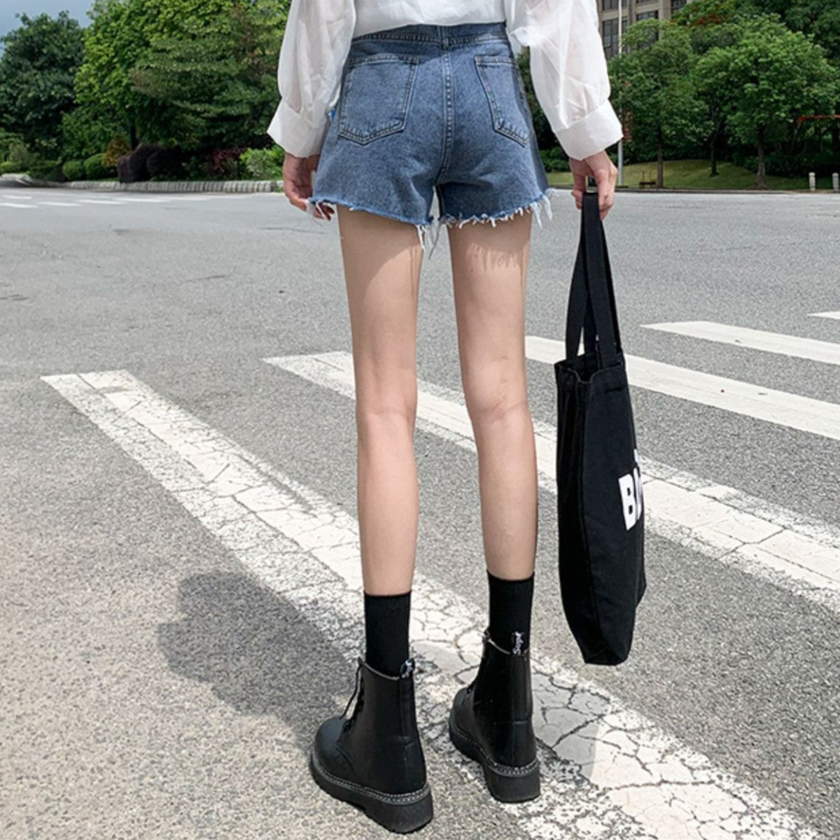 Women's Distressed Denim Mini Skirt - Edgy Frayed Hem, Classic Wash