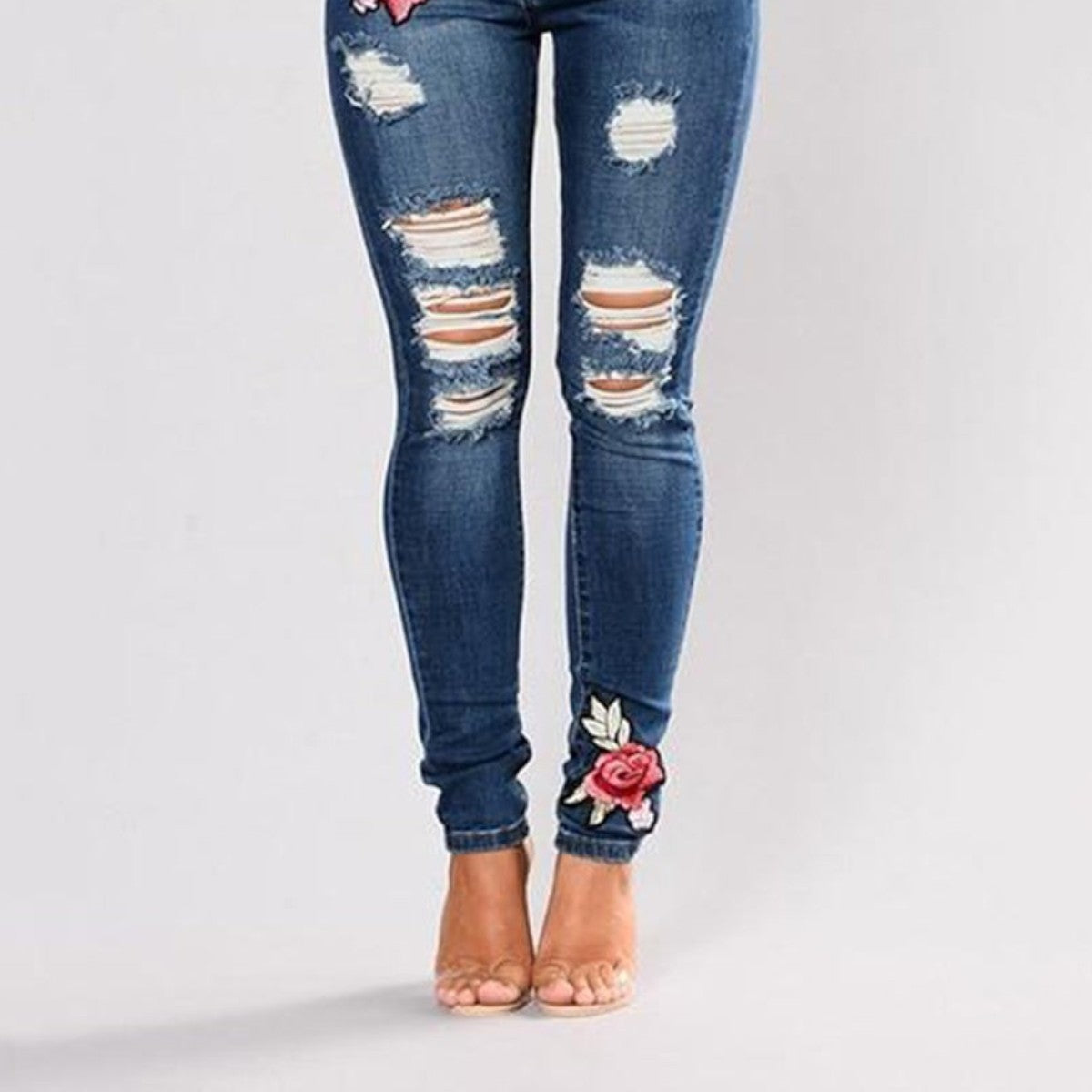 Women's Embroidered Distressed Denim Skinny Jeans
