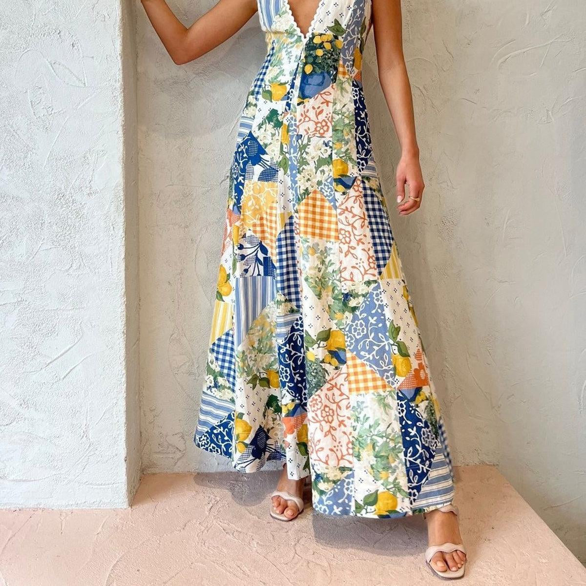 Women's Long lace dress with lemon print for a refreshing look