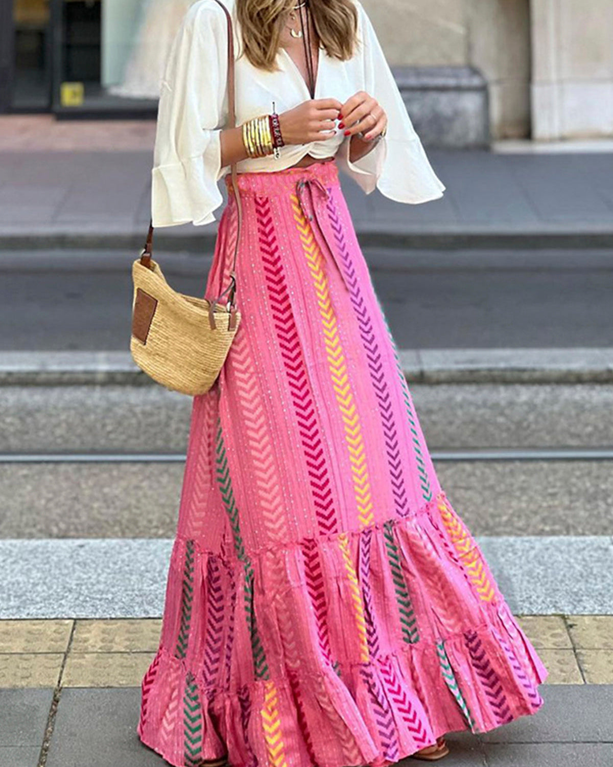 Boho-Chic Printed Drawstring Ruffle Skirt