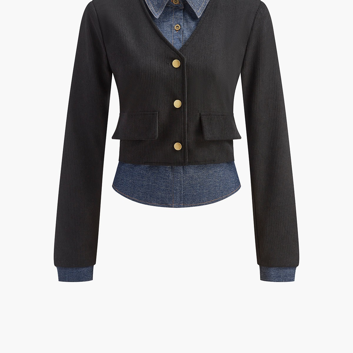 Women's Chic 2-in-1 Denim Panel Polo Blouse for Effortless