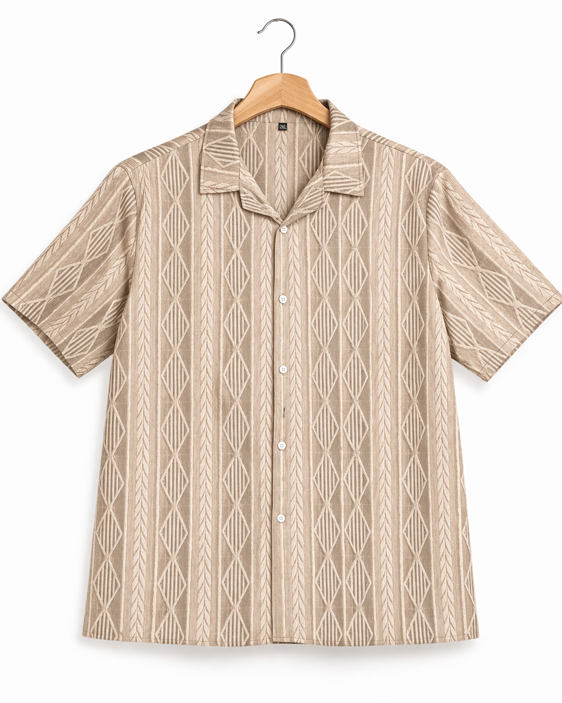 Bold Geometric Jacquard Cuban Shirt - Modern Pattern, Effortless Style
