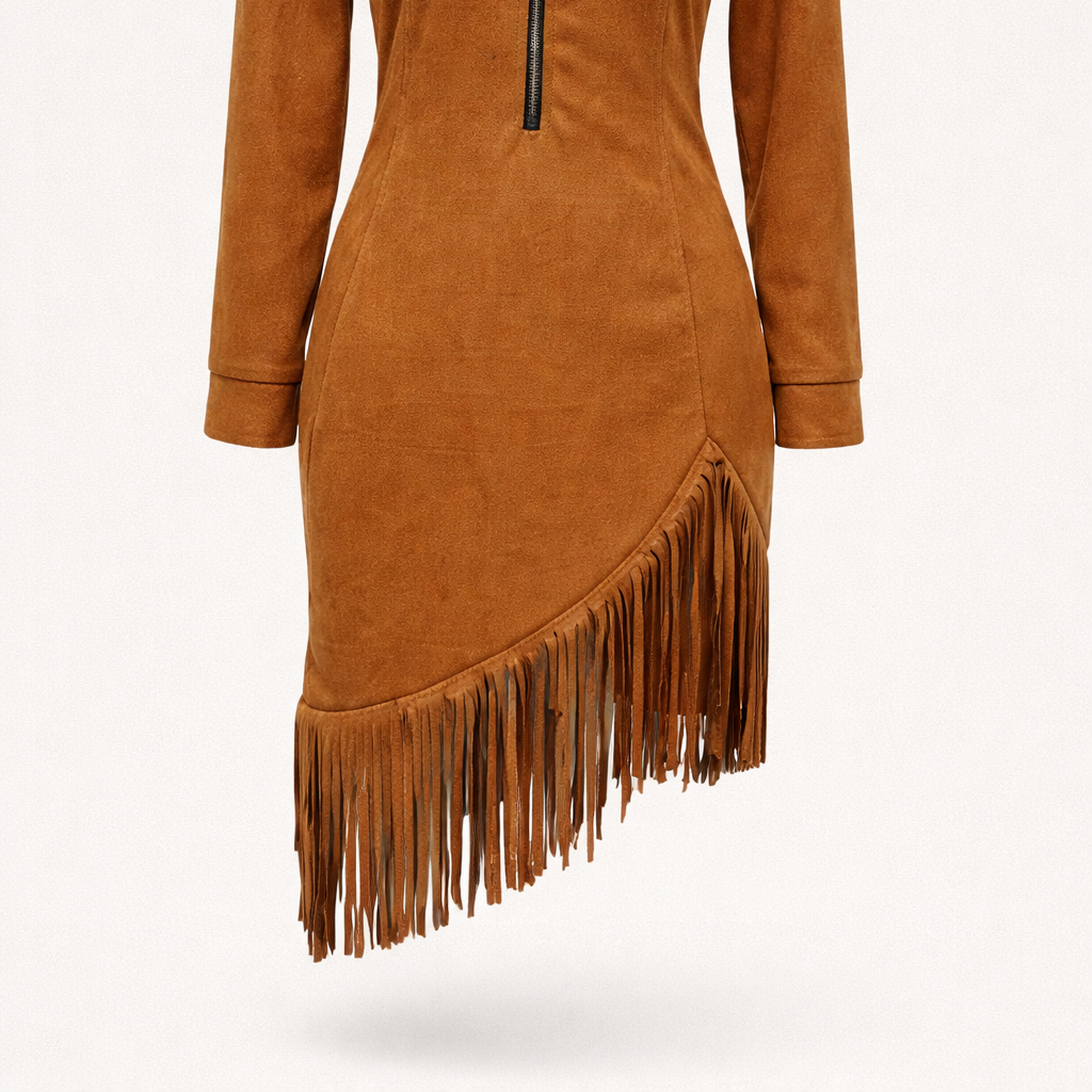 Women's Suede midi dress with long sleeves and irregular fringes