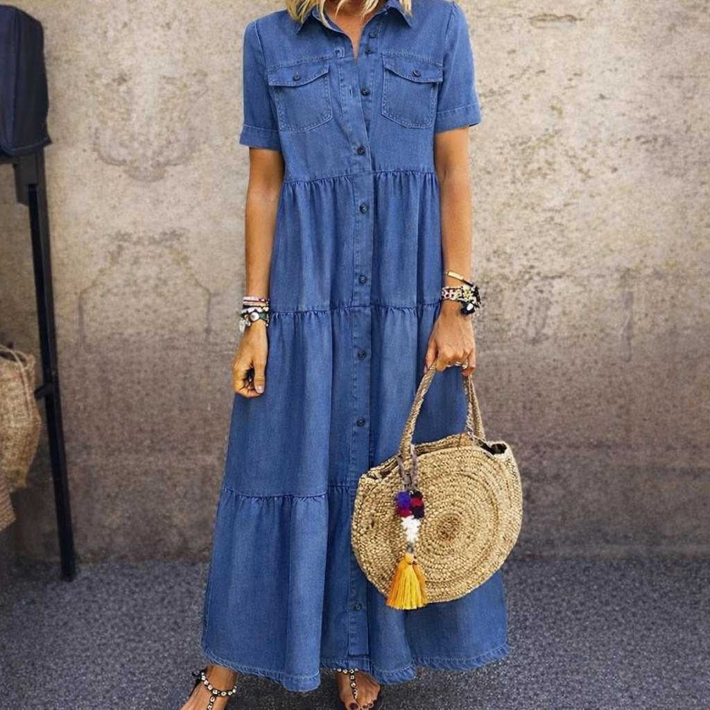 Women's Button-Front Denim Maxi Shirt Dress