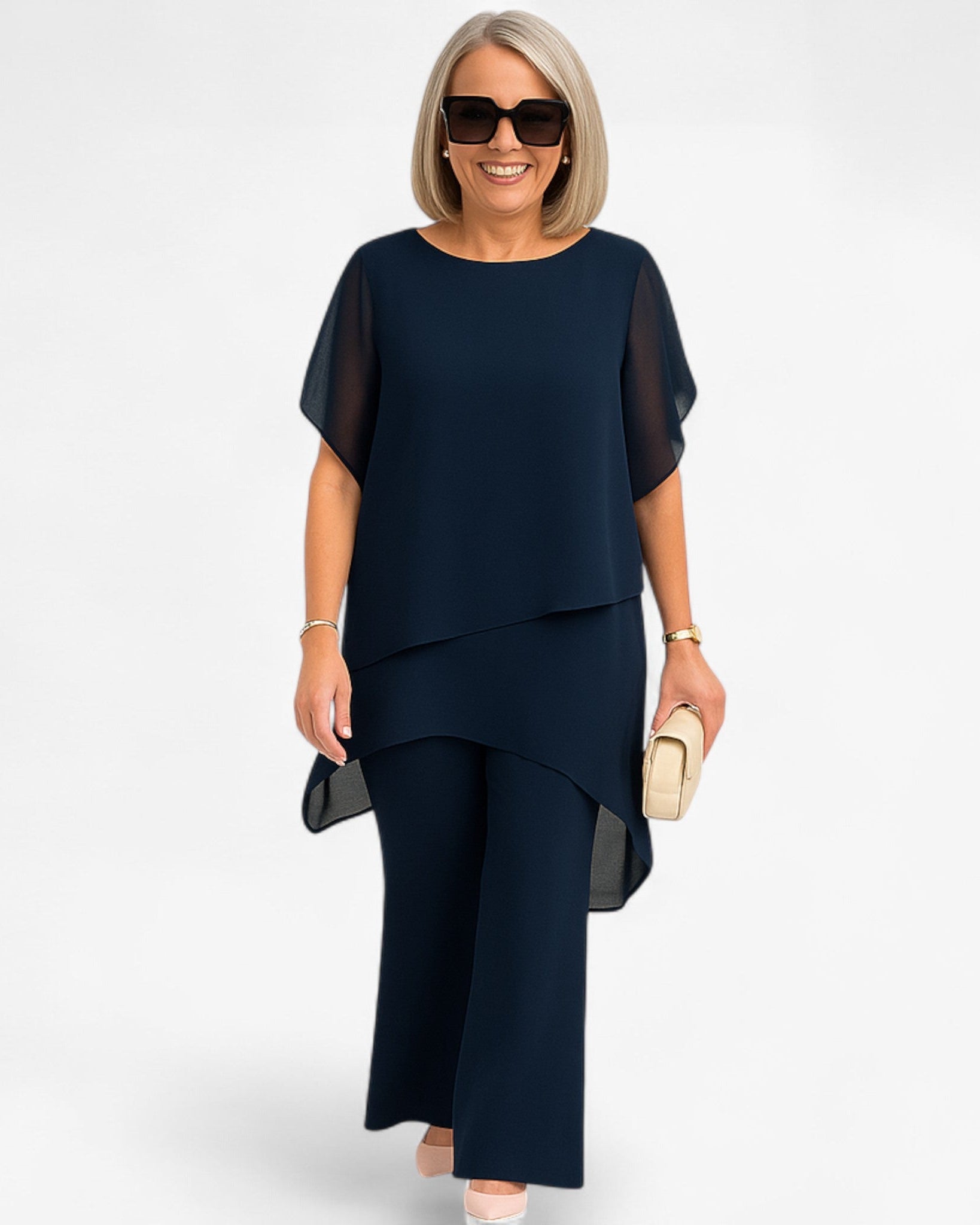 Bianca | Dame Sifon Asymmetrisk Top og Bred-Fod Bukser - - women's fashion - {{ product_tags }