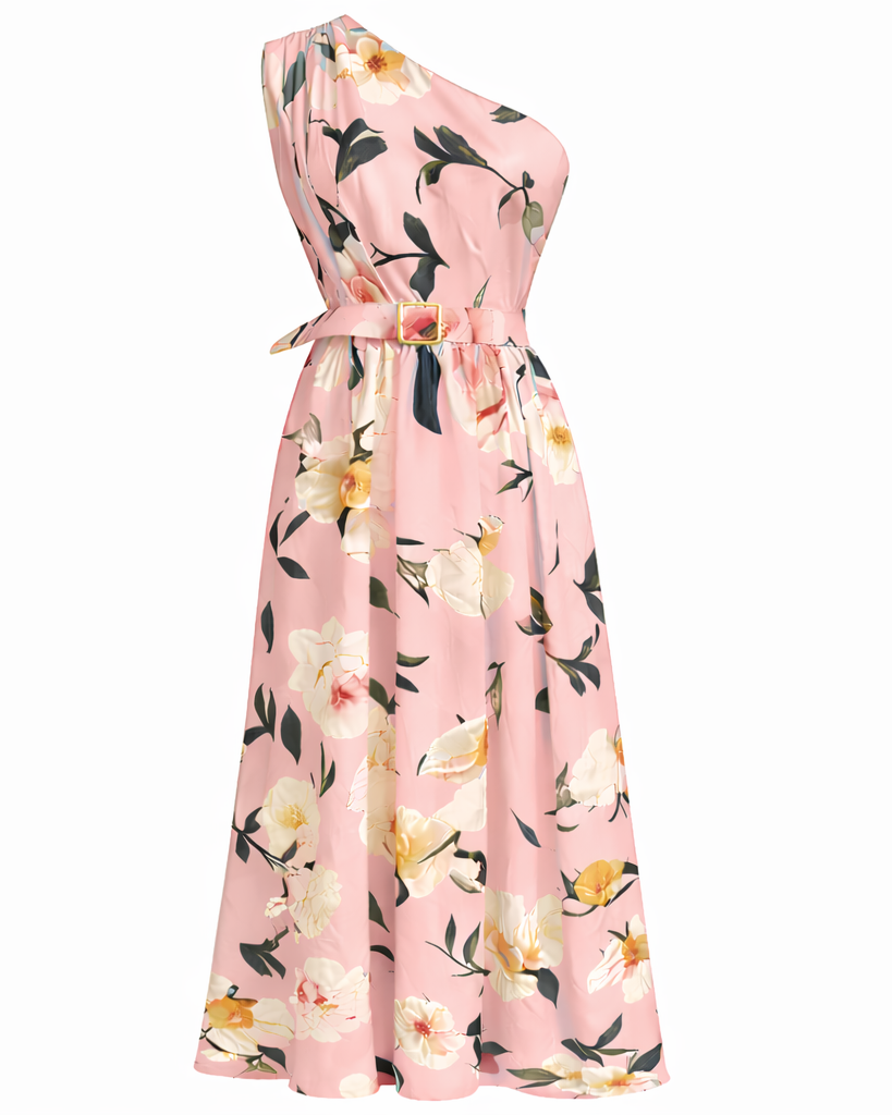 Elegant Light Green Floral One-Shoulder Ruched A-Line Maxi Dress in Chiffon