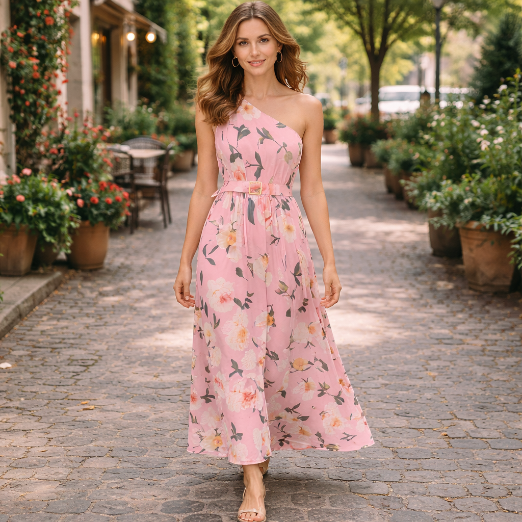 Elegant Light Green Floral One-Shoulder Ruched A-Line Maxi Dress in Chiffon