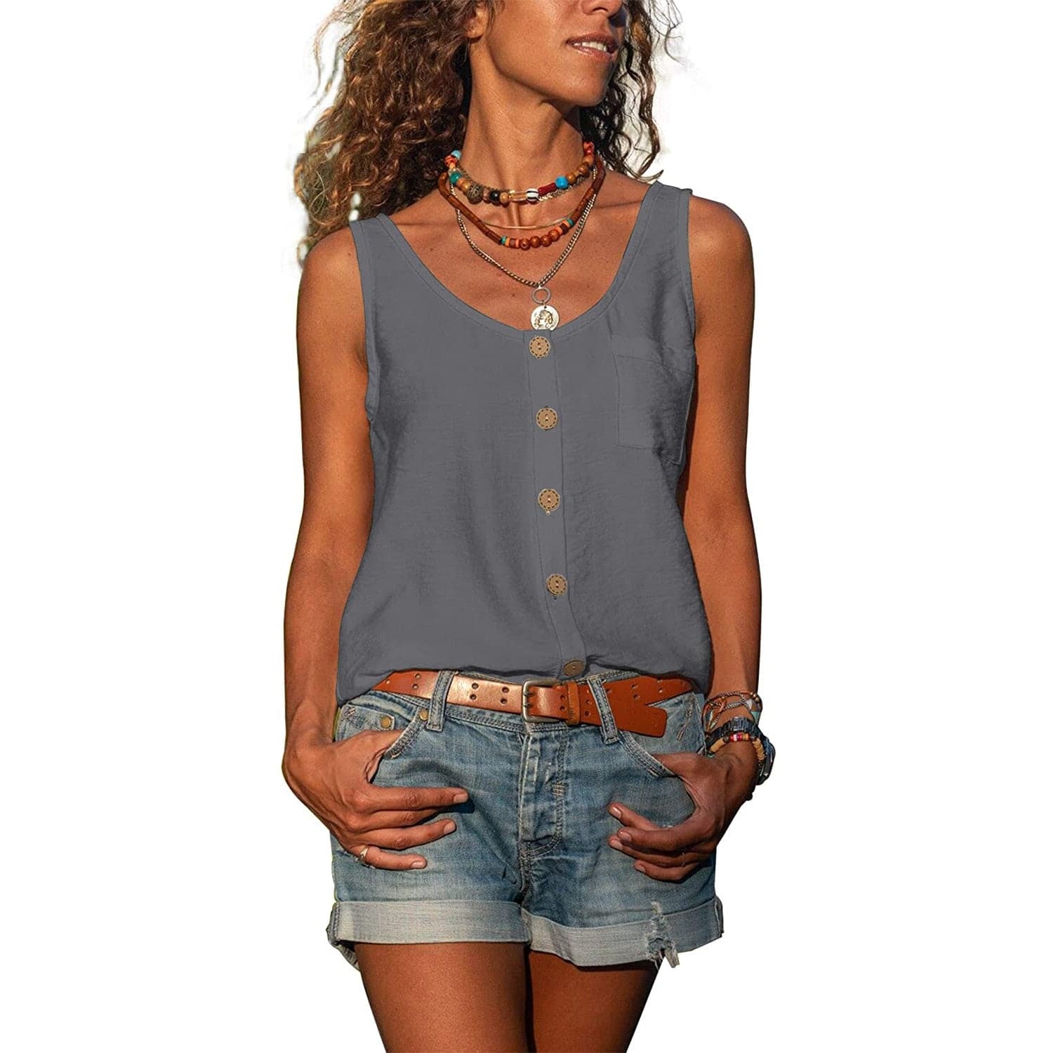Women’s Sleeveless Button-Front Top – Relaxed Fit Casual Blouse