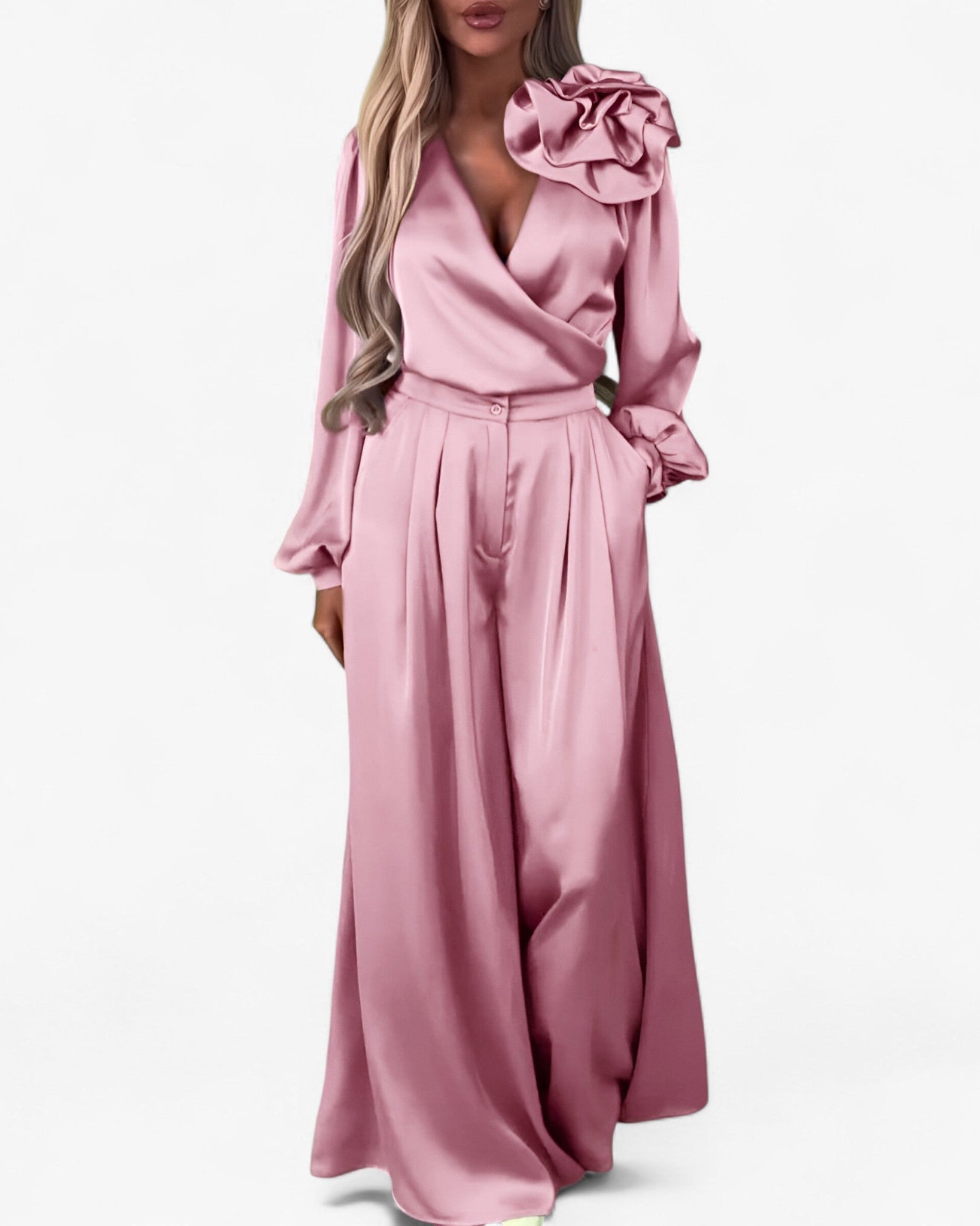 Leona | Kvinders Polyester Sæt med V-hals og Brede Bukser - Rosa - Kvinders tøj - {{ product_tags }