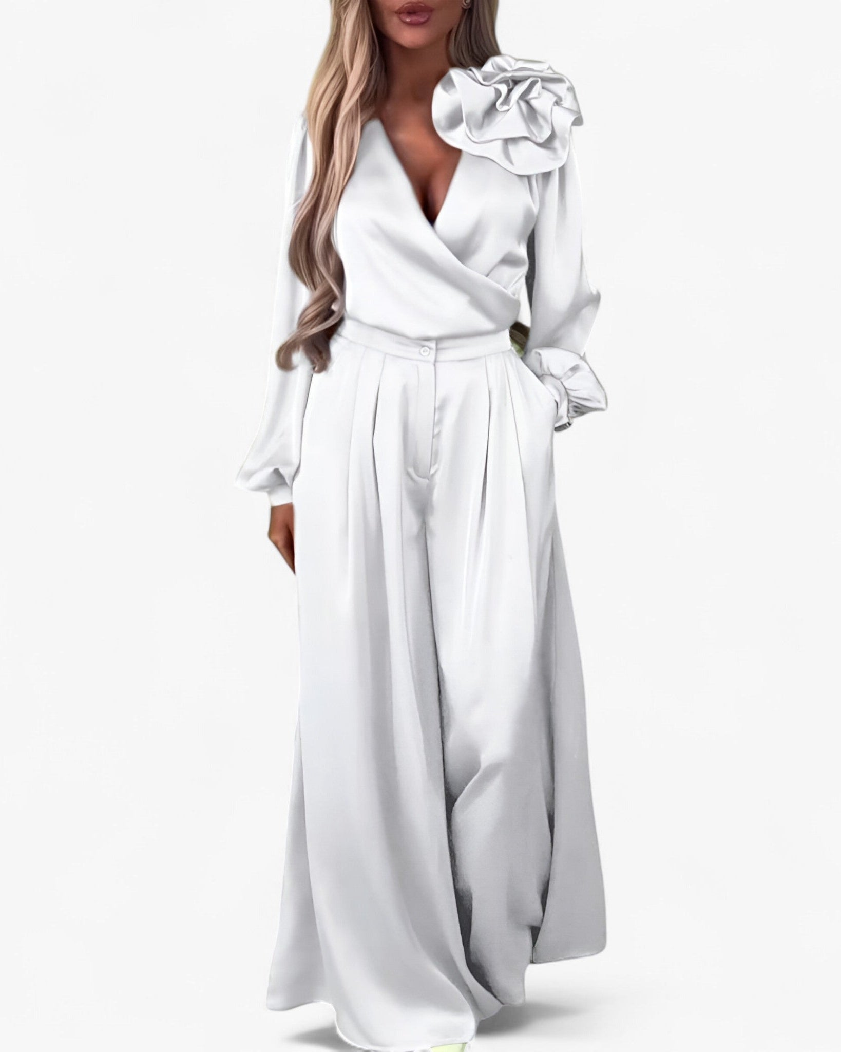 Leona | Kvinders Polyester Sæt med V-hals og Brede Bukser - Hvid - Kvinders tøj - {{ product_tags }