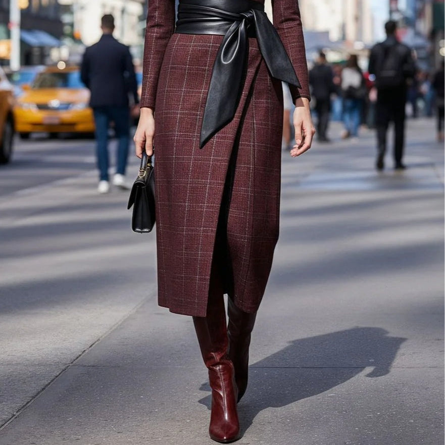 Asymmetric Dress with Sweetheart Neckline, Plaid Belt, Elegant