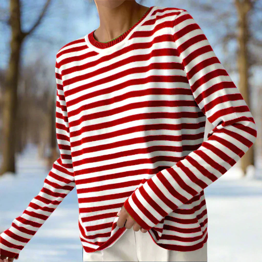 Women’s Striped Long Sleeve T-Shirt – Round Neck Casual Top