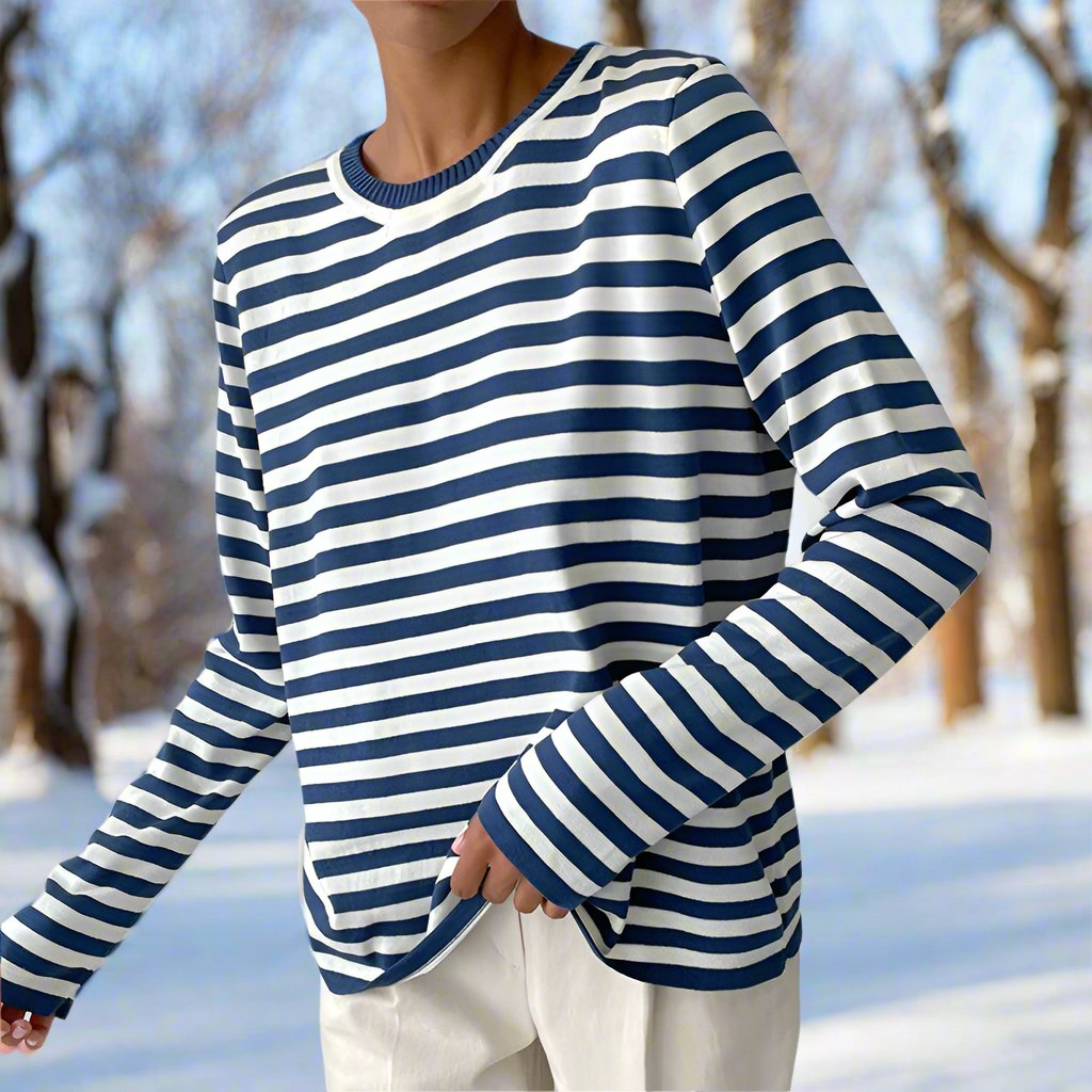 Women’s Striped Long Sleeve T-Shirt – Round Neck Casual Top
