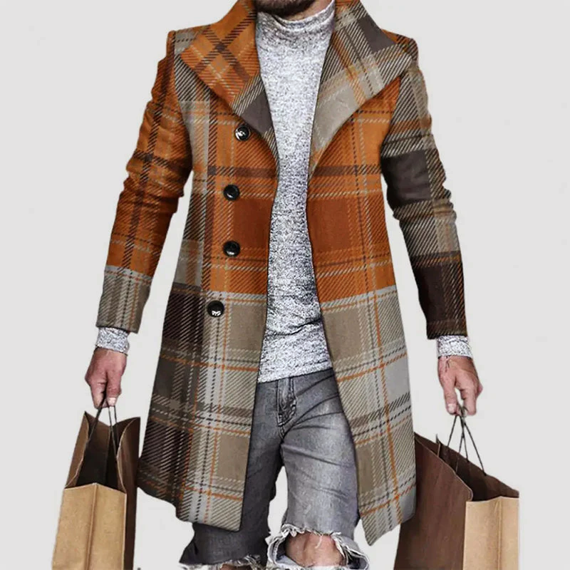 Men’s Plaid Double-Breasted Overcoat – Mid-Length Coat