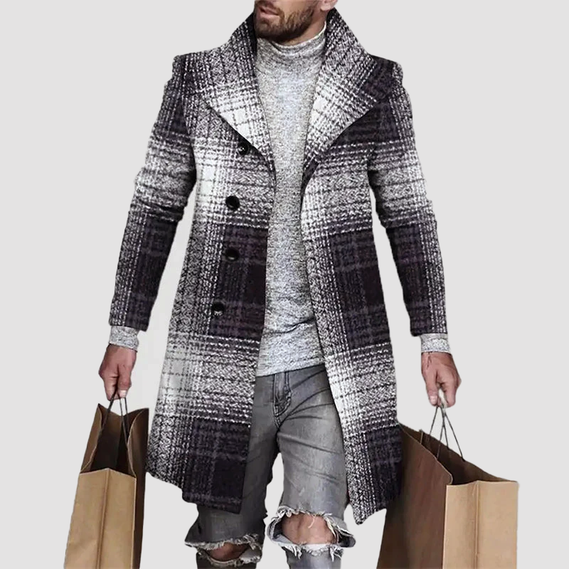 Men’s Plaid Double-Breasted Overcoat – Mid-Length Coat
