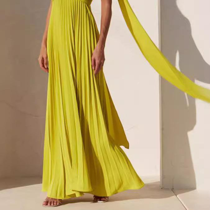 Simple Elegant Look Tube Dress with Pleats and Ribbon