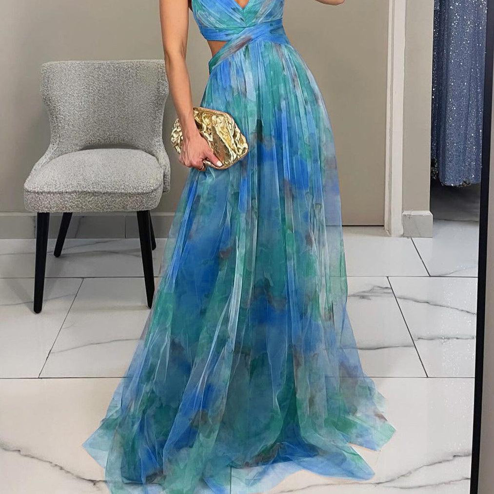 Women's Elegant Dress with Painted Floral Print and V-neck