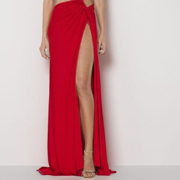 Women's Sleeveless pleated dress with V-neck, hollow knot, and