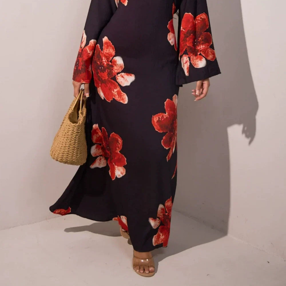 Long Printed Dress with Adjustable Waist for an Elegant Silhouette