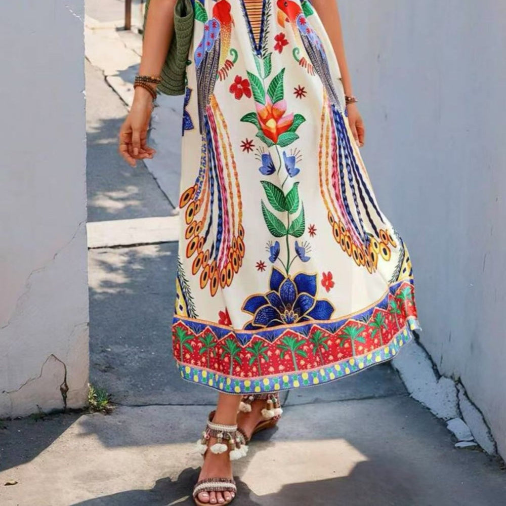 Women's Loose Maxi Print Dress with V-Neck and Short Sleeves