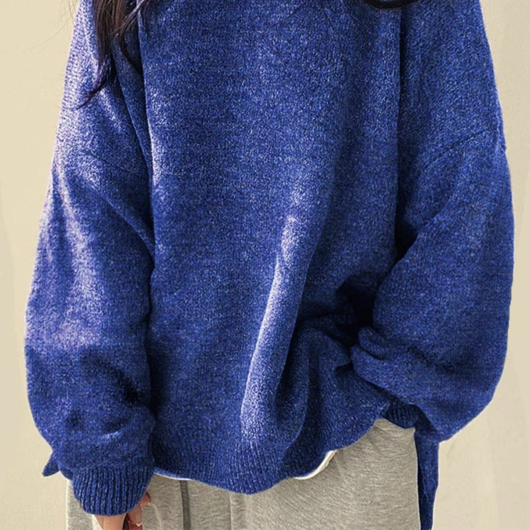 Women's Cozy Drop-Shoulder Split-Hem Round-Neck Knit Sweater