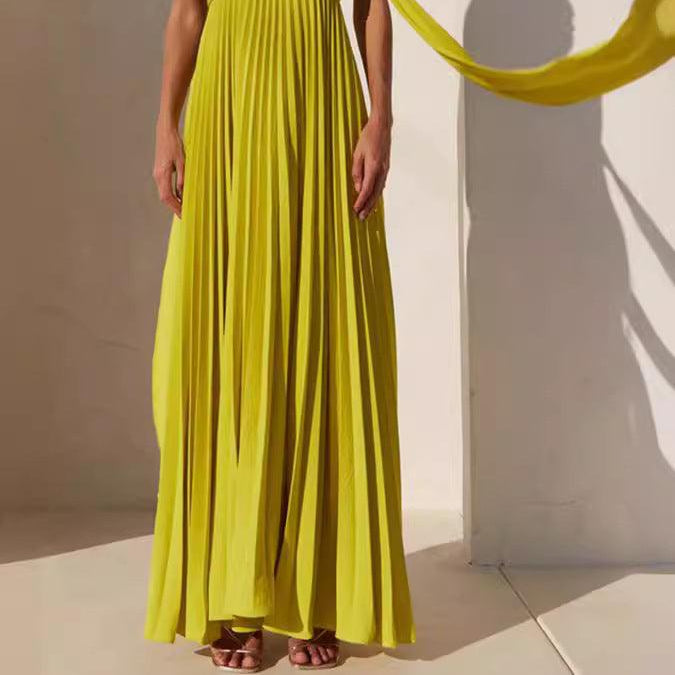 Simple Elegant Look Tube Dress with Pleats and Ribbon