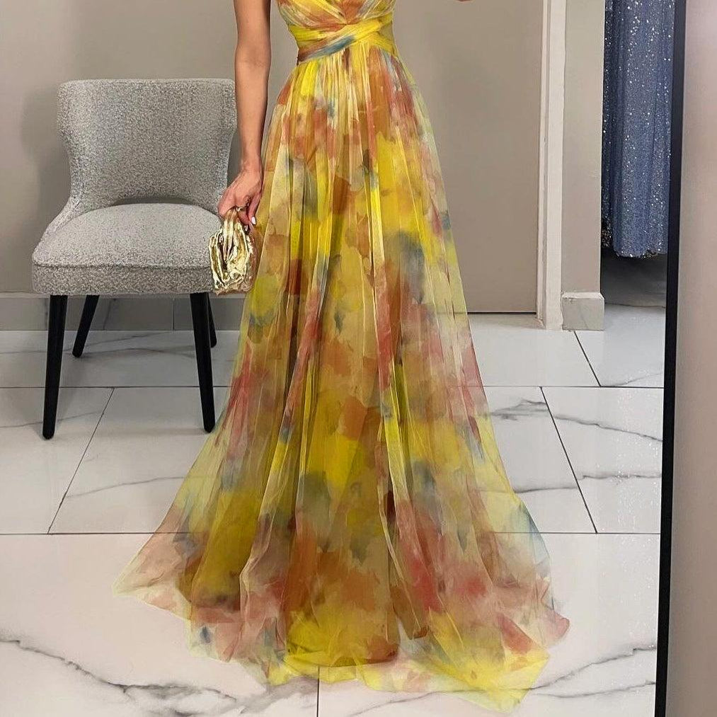 Women's Elegant Dress with Painted Floral Print and V-neck