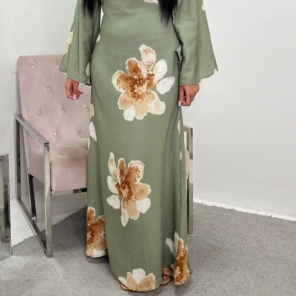 Long Printed Dress with Adjustable Waist for an Elegant Silhouette