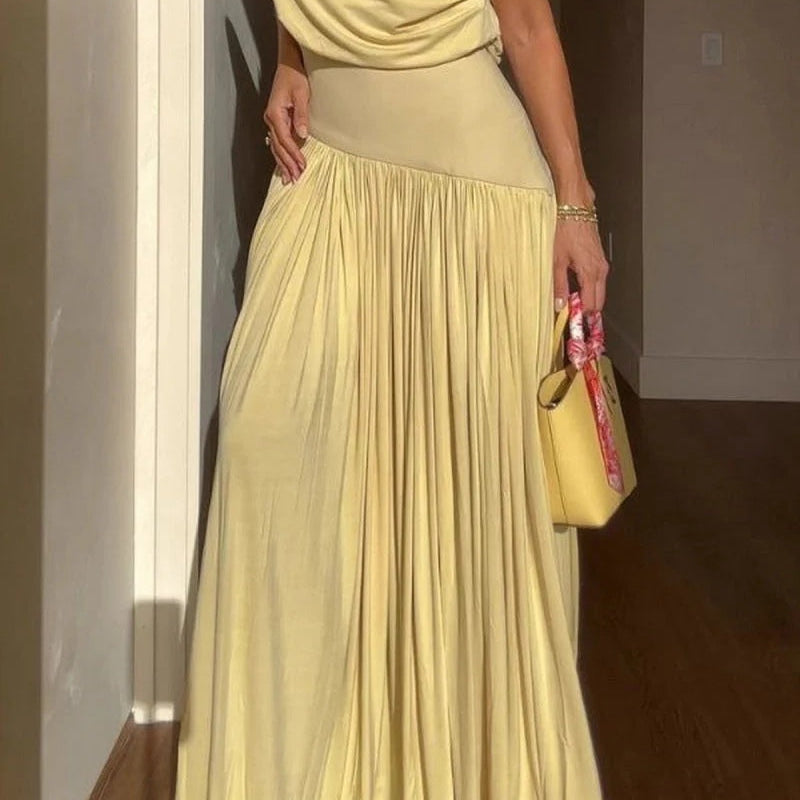 Women's Elegant Long Dress with Off-Shoulder Design and Sloped