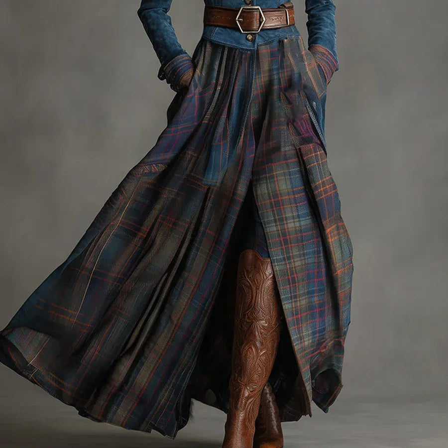 Retro Ethnic Maxi Dress in Faux Blue Tartan with Belt