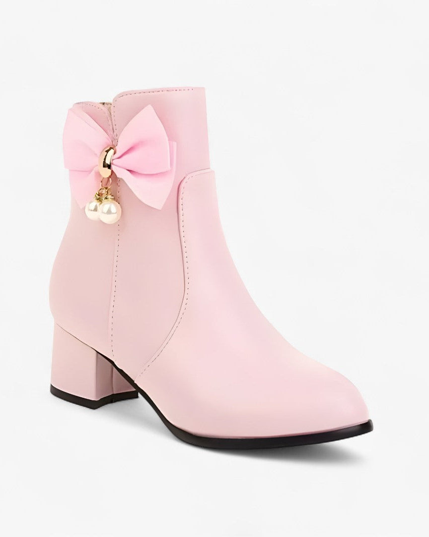 Chic Bow-Accent Heeled Ankle Boots for Plus Sizes - White