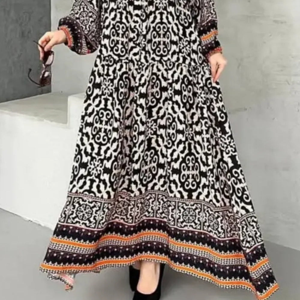 Women's Long-sleeve V-neck dress with contrasting colored pattern