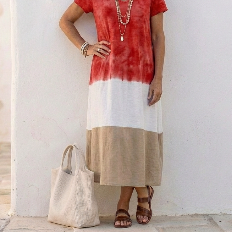 Thalia | Short Sleeve Color Block V Neck Midi Dress