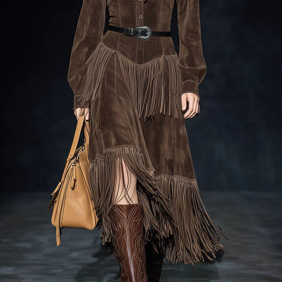 Vintage Dark Midi Dress in Faux Suede with Double Layer Fringes and Braids (Belt Included)