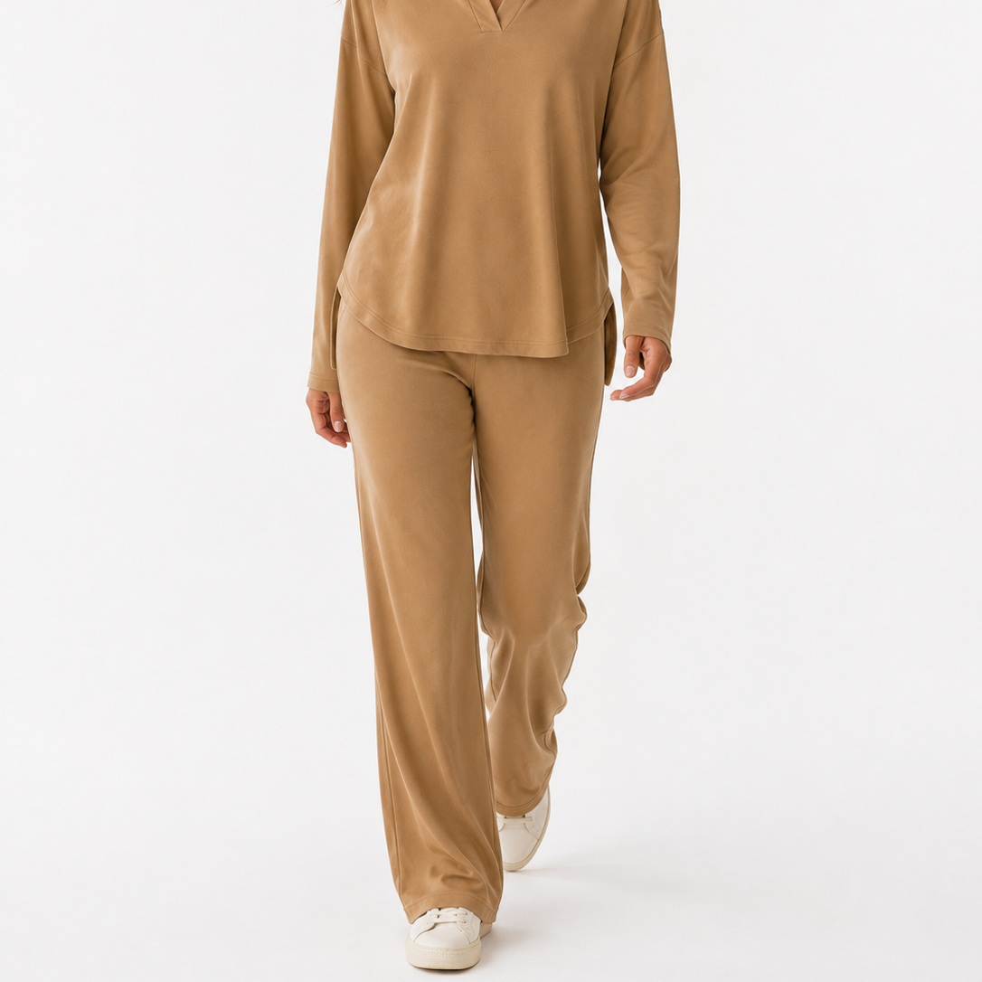 Women's Collared Long Sleeve Top and Straight Leg Pants Set